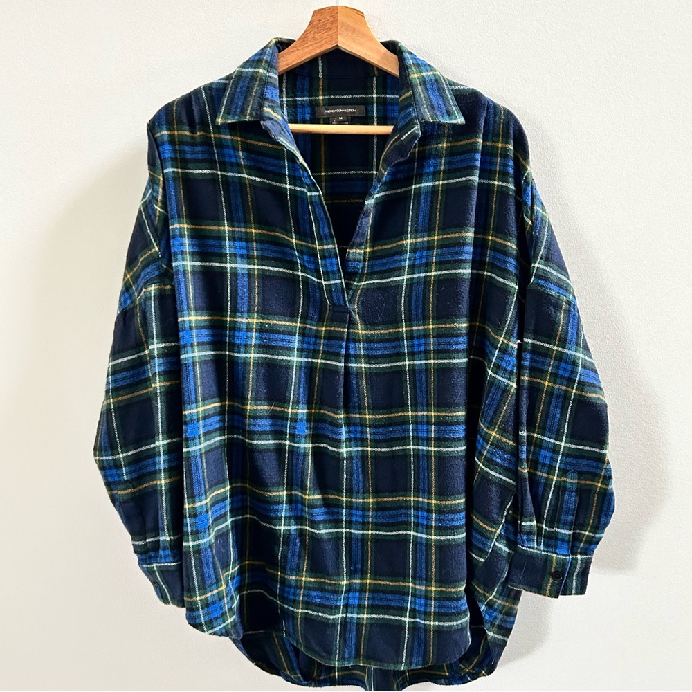 French Connection Blue/Green Plaid V-Neck Cotton Blend Shirt Size M